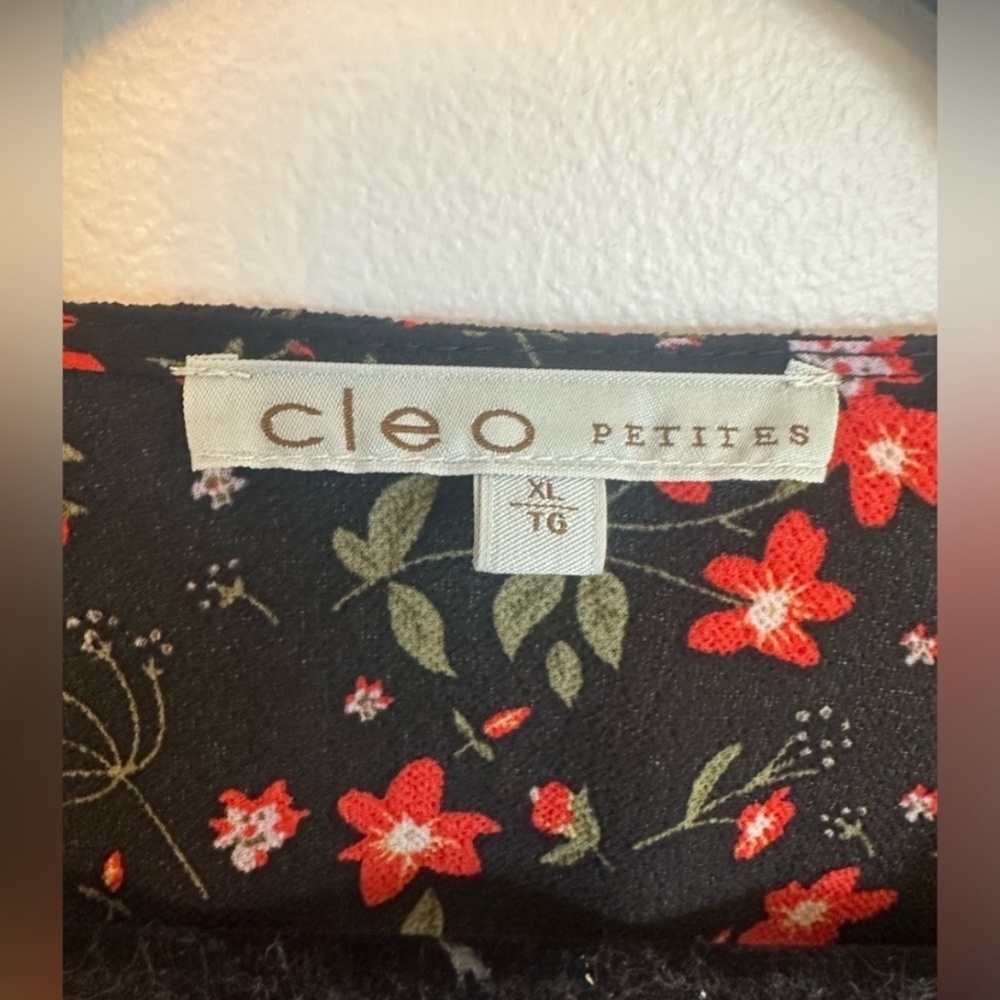 Cleo Petites Women Size XL Floral Midi Dress Black Red White Ruched Waist V Neck - Picture 5 of 6